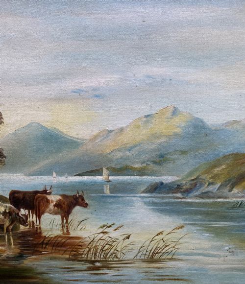 EARLY 20THC MOUNTAINOUS SCOTTISH HIGHLAND CATTLE LOCH LANDSCAPE OIL PAINTING - ADDITIONAL PHOTO 5