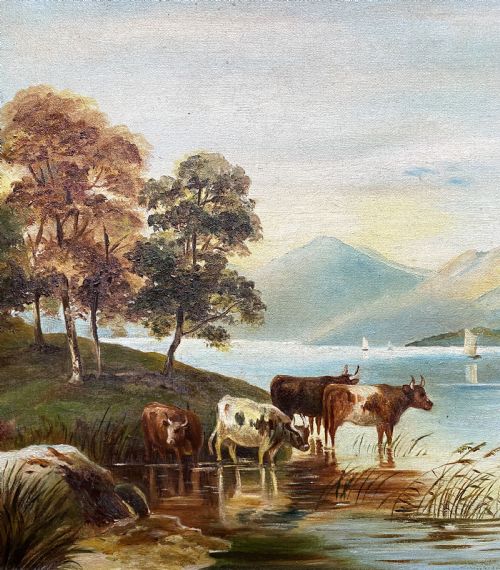 EARLY 20THC MOUNTAINOUS SCOTTISH HIGHLAND CATTLE LOCH LANDSCAPE OIL PAINTING - ADDITIONAL PHOTO 6
