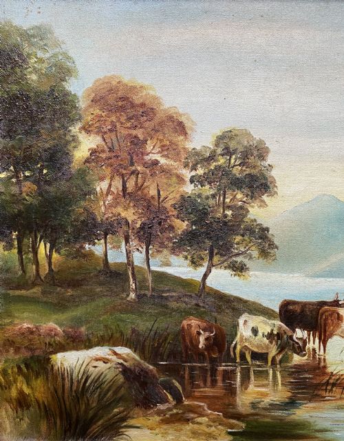 EARLY 20THC MOUNTAINOUS SCOTTISH HIGHLAND CATTLE LOCH LANDSCAPE OIL PAINTING - ADDITIONAL PHOTO 7
