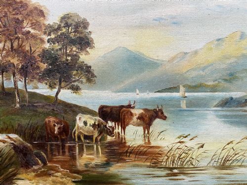 EARLY 20THC MOUNTAINOUS SCOTTISH HIGHLAND CATTLE LOCH LANDSCAPE OIL PAINTING - ADDITIONAL PHOTO 8