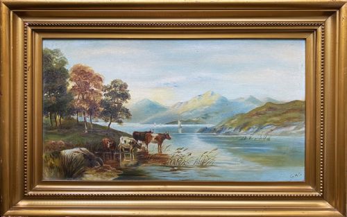 EARLY 20THC MOUNTAINOUS SCOTTISH HIGHLAND CATTLE LOCH LANDSCAPE OIL PAINTING - ADDITIONAL PHOTO 11