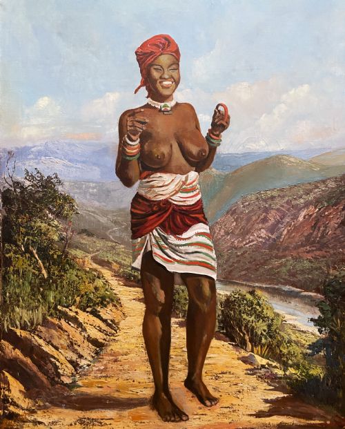 'THE JOLLY TRIBESWOMAN' LARGE MIDCENTURY IMPRESSIONIST OIL PORTRAIT PAINTING - ADDITIONAL PHOTO 3