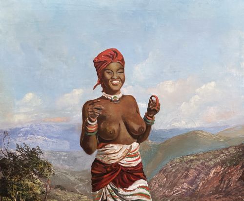 'THE JOLLY TRIBESWOMAN' LARGE MIDCENTURY IMPRESSIONIST OIL PORTRAIT PAINTING - ADDITIONAL PHOTO 5