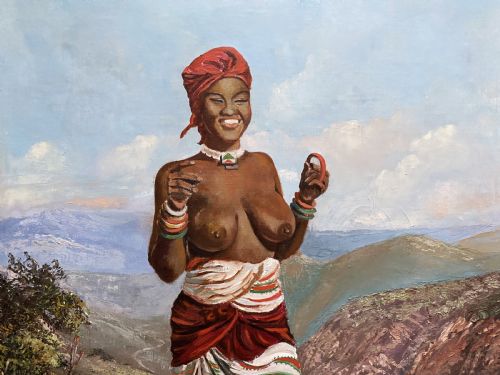 'THE JOLLY TRIBESWOMAN' LARGE MIDCENTURY IMPRESSIONIST OIL PORTRAIT PAINTING - ADDITIONAL PHOTO 6
