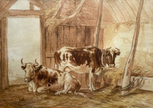 BEAUTIFUL EARLY 20THCENTURY BURR FRAMED WATERCOLOUR PAINTING OF CATTLE 1 OF 2 - ADDITIONAL PHOTO 1