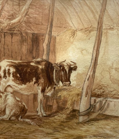 BEAUTIFUL EARLY 20THCENTURY BURR FRAMED WATERCOLOUR PAINTING OF CATTLE 1 OF 2 - ADDITIONAL PHOTO 3