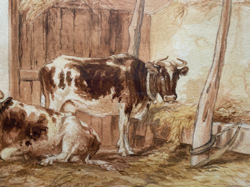 BEAUTIFUL EARLY 20THCENTURY BURR FRAMED WATERCOLOUR PAINTING OF CATTLE 1 OF 2 - ADDITIONAL PHOTO 6