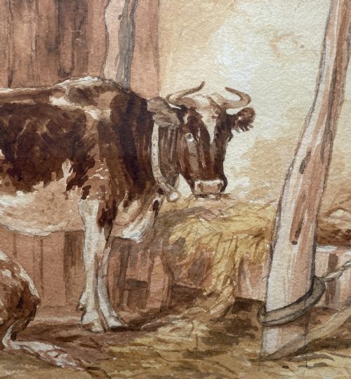 BEAUTIFUL EARLY 20THCENTURY BURR FRAMED WATERCOLOUR PAINTING OF CATTLE 1 OF 2 - ADDITIONAL PHOTO 7