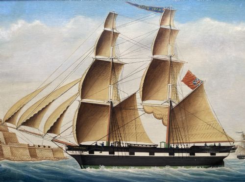 fig 2. An early 19th-century marine oil painting depicting a two-masted brig ship sailing into Malta harbour, set within a black and gilt wooden frame.