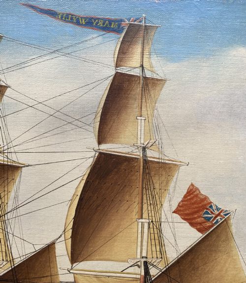 fig 6. An early 19th-century marine oil painting depicting a two-masted brig ship sailing into Malta harbour, set within a black and gilt wooden frame.