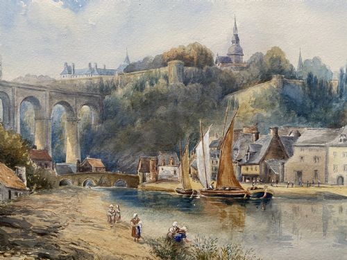 fig 2. A framed 19th-century watercolour painting depicting a river scene with boats, a stone viaduct, and a hillside town set within an ornate gilded frame.