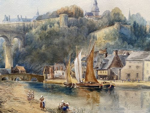 fig 3. A framed 19th-century watercolour painting depicting a river scene with boats, a stone viaduct, and a hillside town set within an ornate gilded frame.