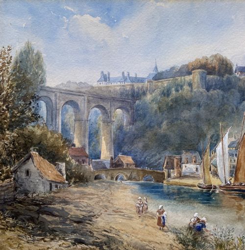 fig 4. A framed 19th-century watercolour painting depicting a river scene with boats, a stone viaduct, and a hillside town set within an ornate gilded frame.