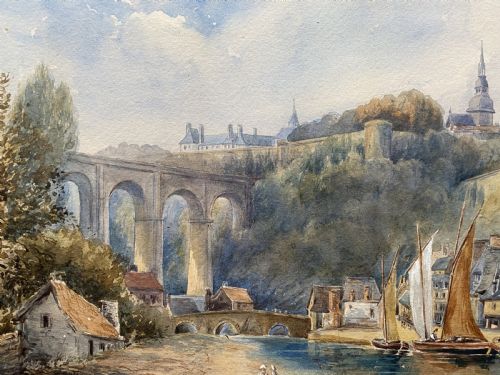 fig 6. A framed 19th-century watercolour painting depicting a river scene with boats, a stone viaduct, and a hillside town set within an ornate gilded frame.