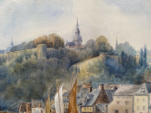 fig 7. A framed 19th-century watercolour painting depicting a river scene with boats, a stone viaduct, and a hillside town set within an ornate gilded frame.