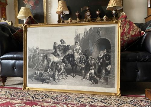 fig 1. A nineteenth-century monochrome engraving depicting aristocrats on horseback with falcons and hounds outside a stone portal, housed within a gilded frame.