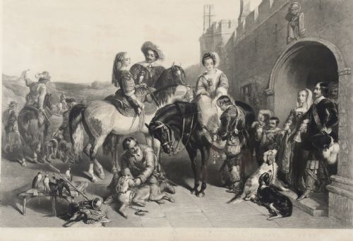fig 3. A nineteenth-century monochrome engraving depicting aristocrats on horseback with falcons and hounds outside a stone portal, housed within a gilded frame.