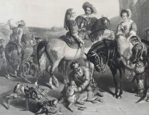 fig 4. A nineteenth-century monochrome engraving depicting aristocrats on horseback with falcons and hounds outside a stone portal, housed within a gilded frame.