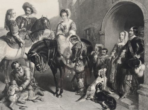 fig 5. A nineteenth-century monochrome engraving depicting aristocrats on horseback with falcons and hounds outside a stone portal, housed within a gilded frame.