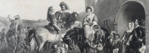 fig 6. A nineteenth-century monochrome engraving depicting aristocrats on horseback with falcons and hounds outside a stone portal, housed within a gilded frame.