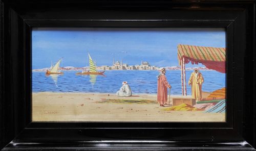 ORIGINAL PAIR EARLY 20THC ARABIC SEASCAPE WATERCOLOUR PAINTINGS EBONISED FRAMES - ADDITIONAL PHOTO 1