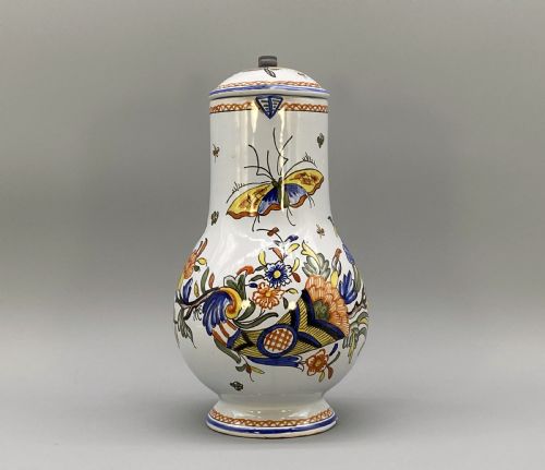 fig 2. c. 1900 FINE FRENCH ROUEN FAIENCE & PEWTER POLYCHROME PAINTED EWER PITCHER JUG
