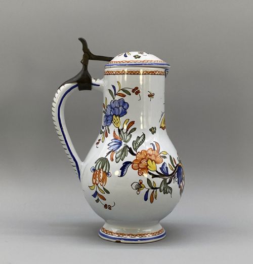 fig 3. c. 1900 FINE FRENCH ROUEN FAIENCE & PEWTER POLYCHROME PAINTED EWER PITCHER JUG