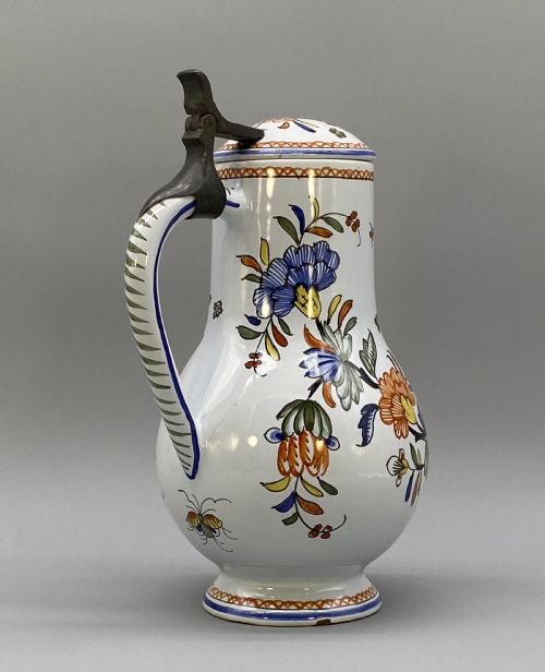 fig 4. c. 1900 FINE FRENCH ROUEN FAIENCE & PEWTER POLYCHROME PAINTED EWER PITCHER JUG