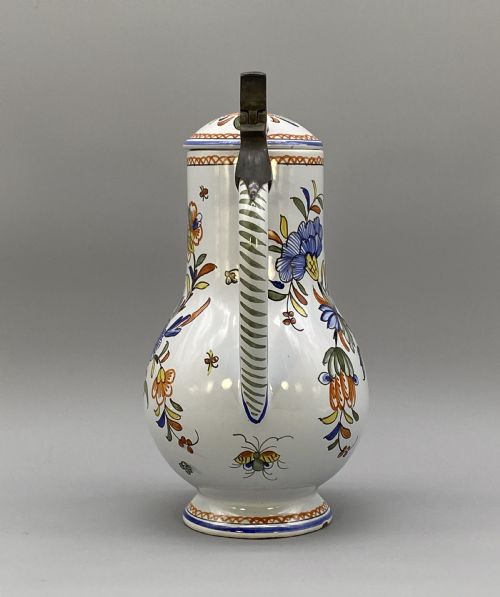 fig 5. c. 1900 FINE FRENCH ROUEN FAIENCE & PEWTER POLYCHROME PAINTED EWER PITCHER JUG