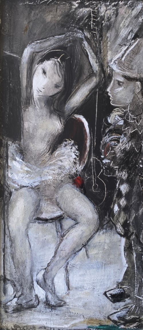 fig 1. Framed mid-century mixed media painting depicting a seated ballerina in a tutu alongside a harlequin figure, presented in a fabric mount with a gilt frame.
