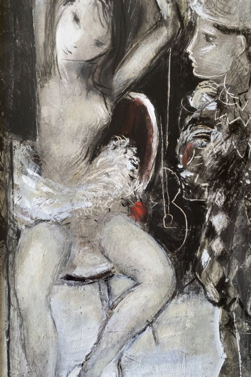 fig 2. Framed mid-century mixed media painting depicting a seated ballerina in a tutu alongside a harlequin figure, presented in a fabric mount with a gilt frame.
