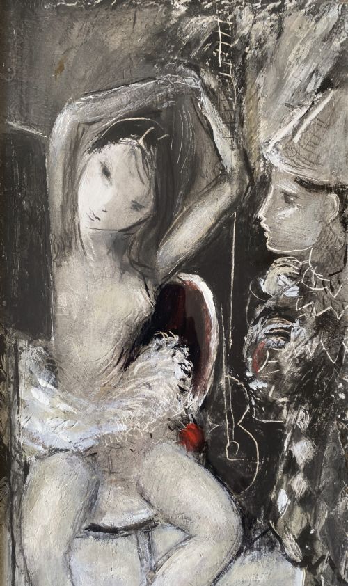 fig 3. Framed mid-century mixed media painting depicting a seated ballerina in a tutu alongside a harlequin figure, presented in a fabric mount with a gilt frame.