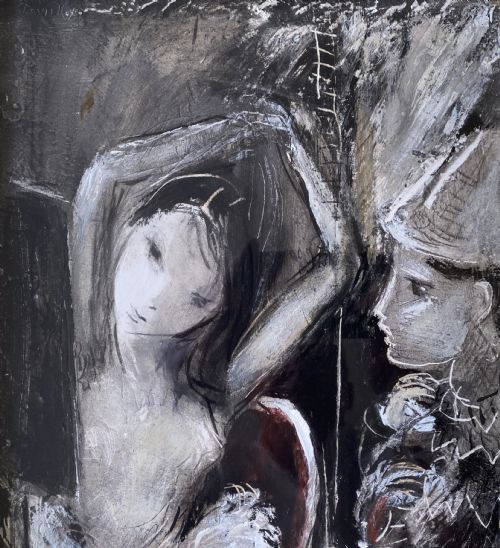fig 4. Framed mid-century mixed media painting depicting a seated ballerina in a tutu alongside a harlequin figure, presented in a fabric mount with a gilt frame.