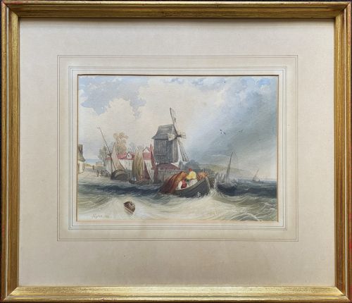 fig 1. John Lynn fl. 1828-1848 MOORING IN ROUGH SEAS SEASCAPE WATERCOLOUR PAINTING