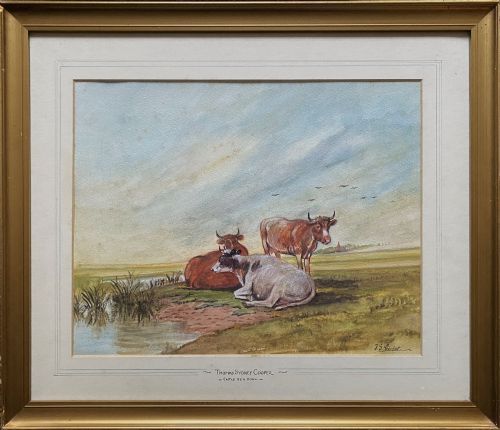 fig 1. A 19th-century style watercolour painting depicting three cattle resting beside a small pool of water in a flat landscape under a cloud-filled sky.