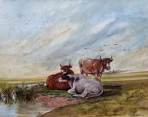 fig 2. A 19th-century style watercolour painting depicting three cattle resting beside a small pool of water in a flat landscape under a cloud-filled sky.