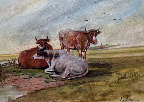 fig 3. A 19th-century style watercolour painting depicting three cattle resting beside a small pool of water in a flat landscape under a cloud-filled sky.