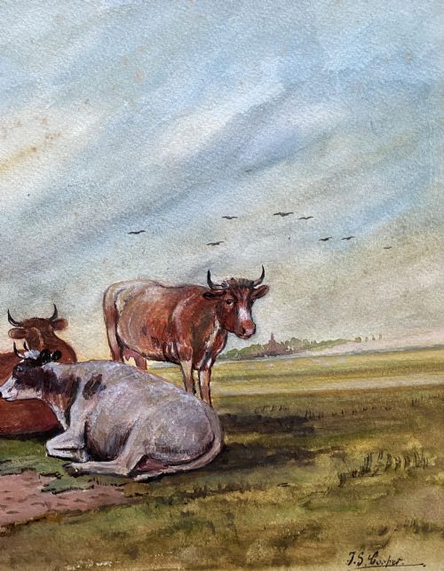 fig 4. A 19th-century style watercolour painting depicting three cattle resting beside a small pool of water in a flat landscape under a cloud-filled sky.
