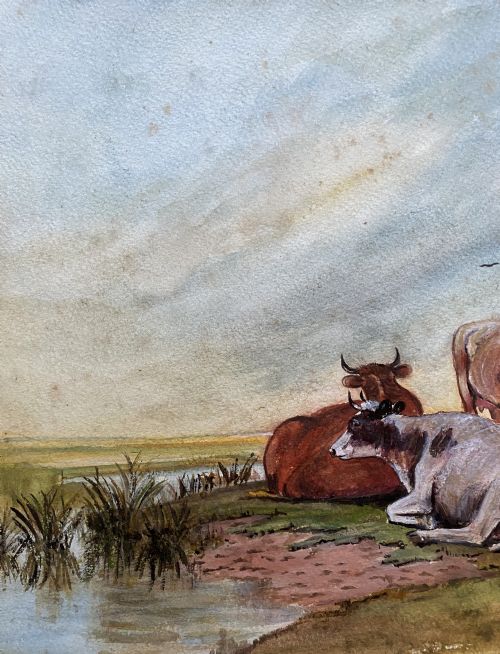 fig 5. A 19th-century style watercolour painting depicting three cattle resting beside a small pool of water in a flat landscape under a cloud-filled sky.
