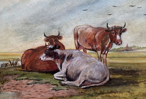 fig 6. A 19th-century style watercolour painting depicting three cattle resting beside a small pool of water in a flat landscape under a cloud-filled sky.