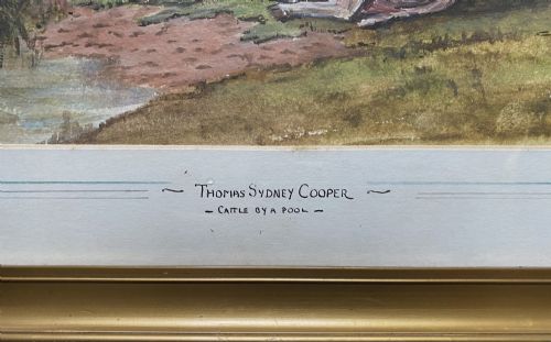 fig 7. A 19th-century style watercolour painting depicting three cattle resting beside a small pool of water in a flat landscape under a cloud-filled sky.