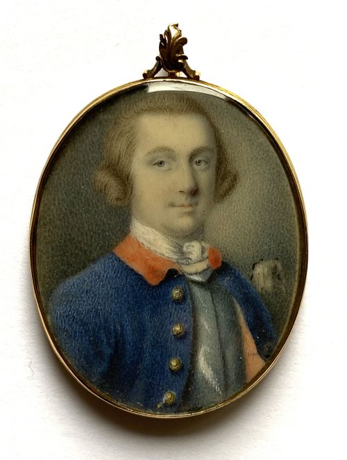 C 1760 SUPERB 18K GOLD FRAMED BRITISH NAVAL OFFICER MINIATURE PORTRAIT PAINTING ON AGATE PANEL - ADDITIONAL PHOTO 1