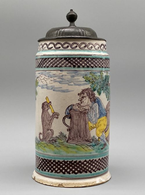 C 1723 LARGE EXCEPTIONAL GERMAN FAIENCE AND PEWTER BEER STEIN TANKARD DELFT