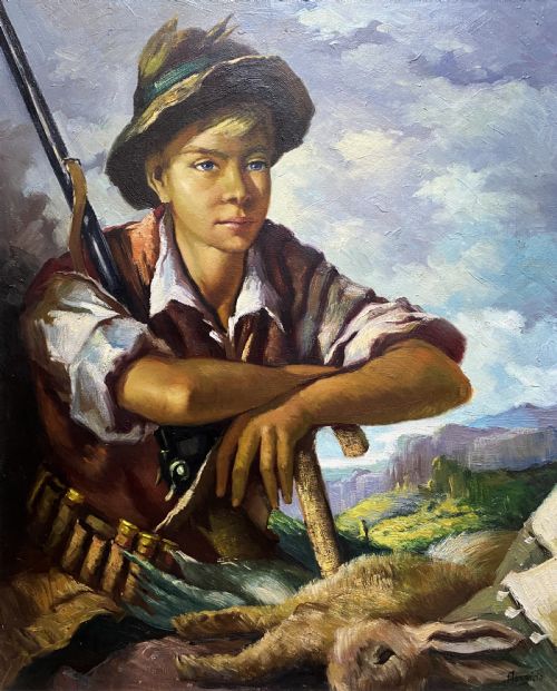 fig 1. The Young Huntsman - Original c. 1950s Vintage Oil Portrait Painting with Game
