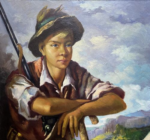 fig 2. The Young Huntsman - Original c. 1950s Vintage Oil Portrait Painting with Game