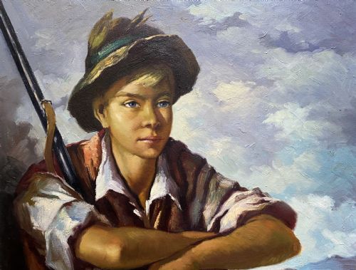 fig 3. The Young Huntsman - Original c. 1950s Vintage Oil Portrait Painting with Game