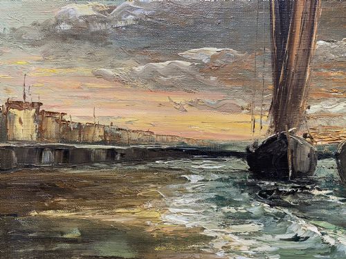 BRITISH SCHOOL IMPRESSIONIST MOONLIT SEASCAPE OIL ON CANVAS PAINTING MID20THC - ADDITIONAL PHOTO 6