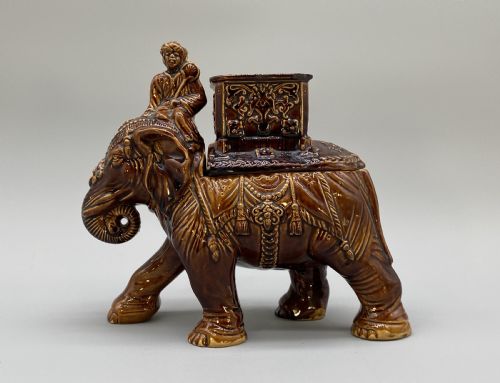 fig 2. c. 1895 Original Antique Austrian Ceramic Glazed Tobacco Jar Elephant and Mahout