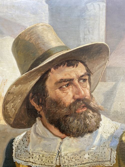 fig 3. A framed 19th-century oil painting on canvas depicting a bearded man in a wide-brimmed hat and lace collar, signed by Danish artist Frederick Christian Lund.