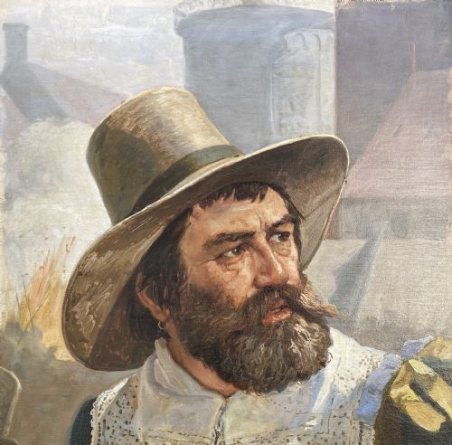 fig 4. A framed 19th-century oil painting on canvas depicting a bearded man in a wide-brimmed hat and lace collar, signed by Danish artist Frederick Christian Lund.